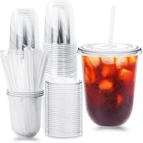 Alaeseje 50 Pack Clear Plastic Cups with Lids and Straws,16 oz Disposable Iced Coffee Cups,PET Crystal Cups,Round Bottom To Go Cup for Iced Coffee Juice Smoothie Cold Beverage - Image 1