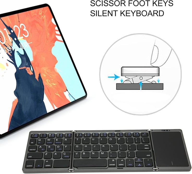 atdaraz B089T Foldable Keyboard, Folding Portable Wireless Keyboard with Touchpad, 64 Keys USB C Computer Keyboard for Laptop Tablet (Grey) - Image 3