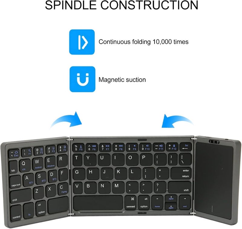 atdaraz B089T Foldable Keyboard, Folding Portable Wireless Keyboard with Touchpad, 64 Keys USB C Computer Keyboard for Laptop Tablet (Grey) - Image 4