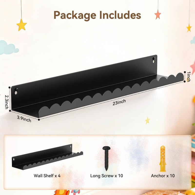 Gattlukd Floating Shelves for Wall, 23 Inch Metal Nursery Book Shelves 4 Pack, Wall Mounted Book Shelf for Kids Room, Bedroom, Bathroom, Playroom Decor (Black) - Image 2