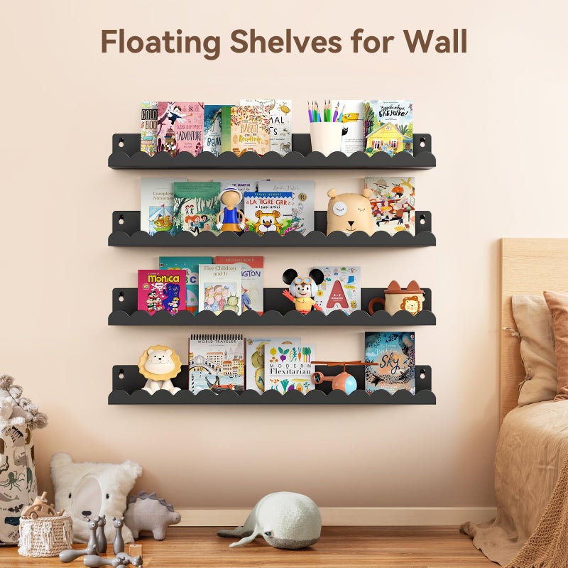 Gattlukd Floating Shelves for Wall, 23 Inch Metal Nursery Book Shelves 4 Pack, Wall Mounted Book Shelf for Kids Room, Bedroom, Bathroom, Playroom Decor (Black) - Image 5