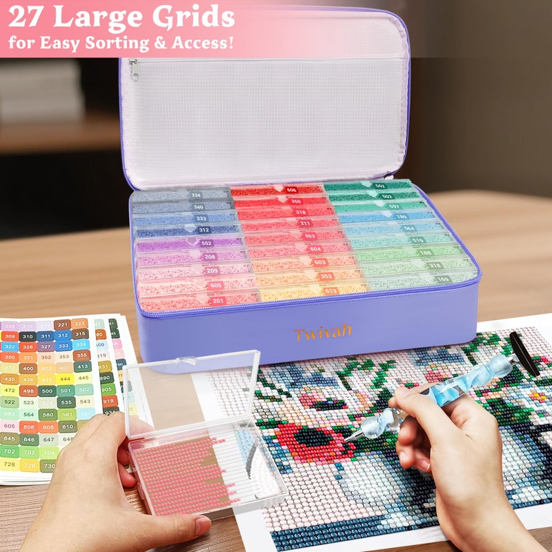 twivah 27 Pcs Diamond Art Storage with Bag, 2-in-1 Diamond Art Trays Container with Lids, Diamond Painting Accessories with Color Sticks, Diamond Art Kits for Adults & Kids Christmas, Birthday (Pink) - Image 2
