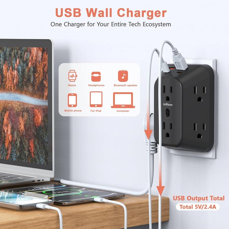 موسع منافذ الطاقة مع شاحن حائط USB وحامي من الصدمات الكهربائية، مقسم منافذ بـ 6 منافذ و4 منافذ USB، شريط طاقة ذو 4 جوانب 1050J مع محول منافذ متعددة - Image 3