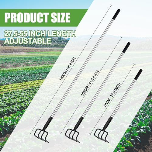 BARAYSTUS Long Hand Cultivator, Carbon Steel & Stainless Steel Tiller Cultivator, Garden Cultivator with Telescopic Handle and Soft Handle Cover, Hand Tiller for Digging Loosening Weeding - Image 2