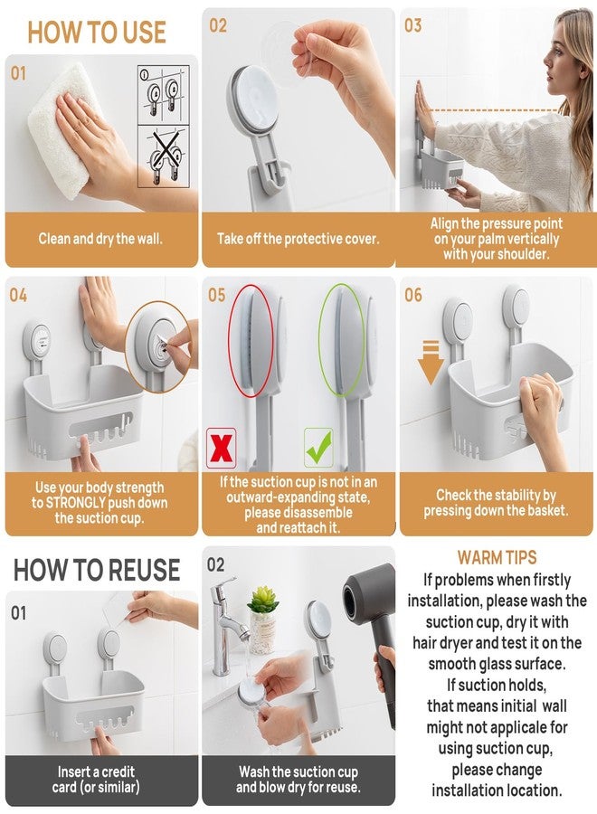 LEVERLOC Shower Caddy Suction Cup Set Shower Organizer & Soap Holder & Toothbrush Holder, Bathroom Shelf Basket NO-Drilling, Removable Suction Storage Waterproof Bathroom Caddy, Gray - Image 5