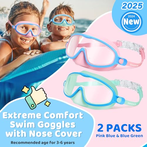 Vvinca 2 Pcs Kids-Swim-Goggles with Nose Cover, Swimming Diving Mask Wide View Anti Fog UV Anti Shattered Lens for Kids 3-5 - Image 3