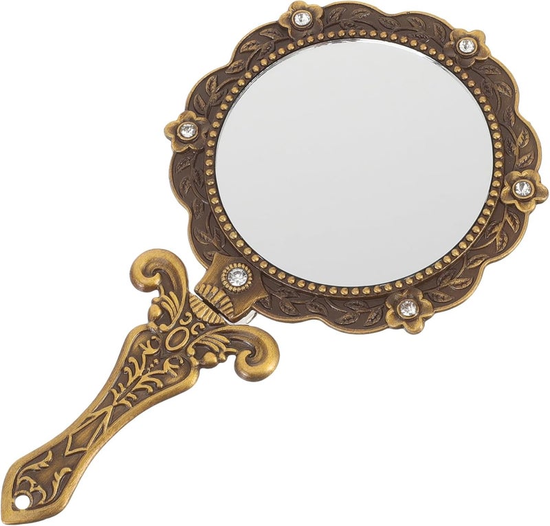 Vintage Handheld Vanity Mirror with Handle Oval Small Makeup Mirror in Antique Copper for Women Travel and Personal Use - Image 1