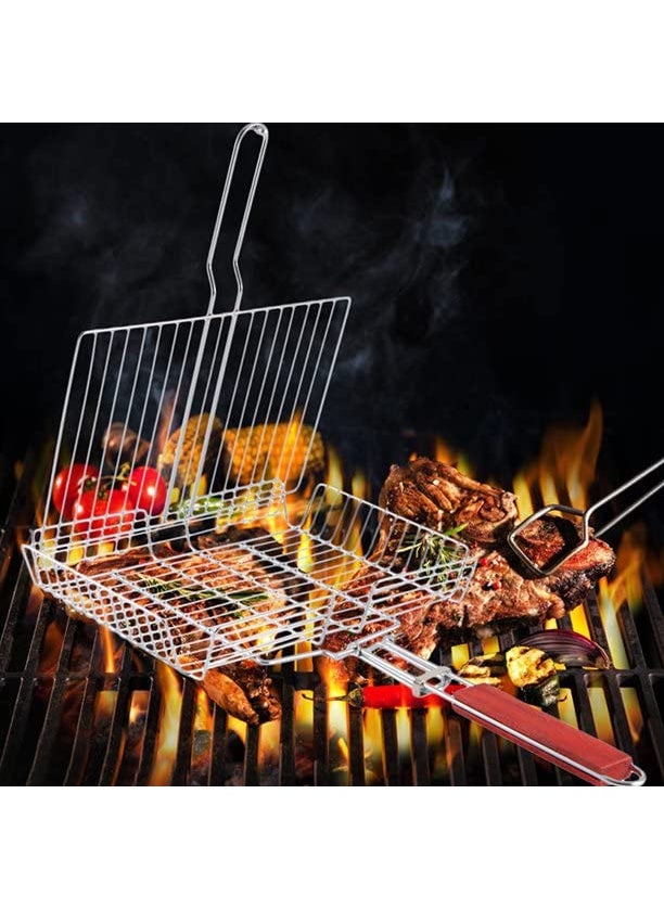 COSKIRA COSKIRA Stainless Steel Fish Grill Basket with Wooden Handle Rectangular BBQ Grilling Basket for Outdoor Vegetables Fish Shrimp  - Image 4