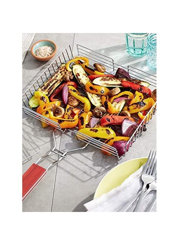COSKIRA COSKIRA Stainless Steel Fish Grill Basket with Wooden Handle Rectangular BBQ Grilling Basket for Outdoor Vegetables Fish Shrimp  - Image 1