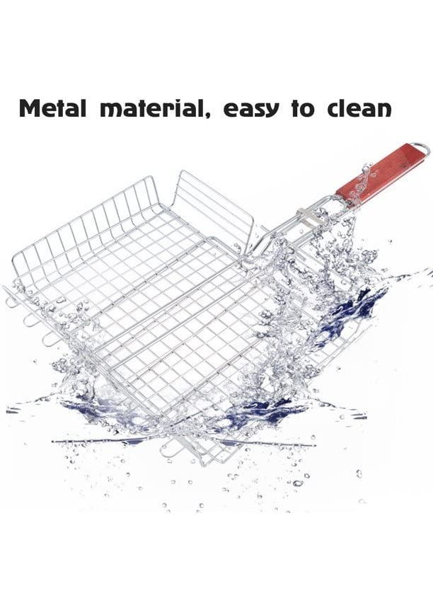 COSKIRA COSKIRA Stainless Steel Fish Grill Basket with Wooden Handle Rectangular BBQ Grilling Basket for Outdoor Vegetables Fish Shrimp  - Image 3
