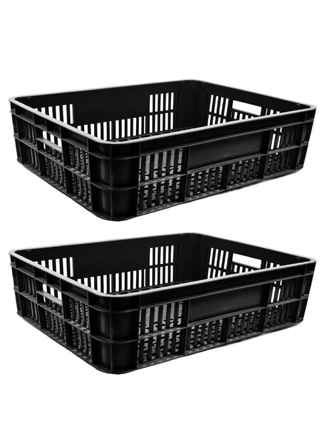 Ethic Solutions 2pcs of Plastic Storage Bakery Crate Box 590×450×170 mm 45L Stackable Heavy Duty Reinforced Walls Anti-Slip Base for Home Industrial Commercial Delivery – Black - Image 1