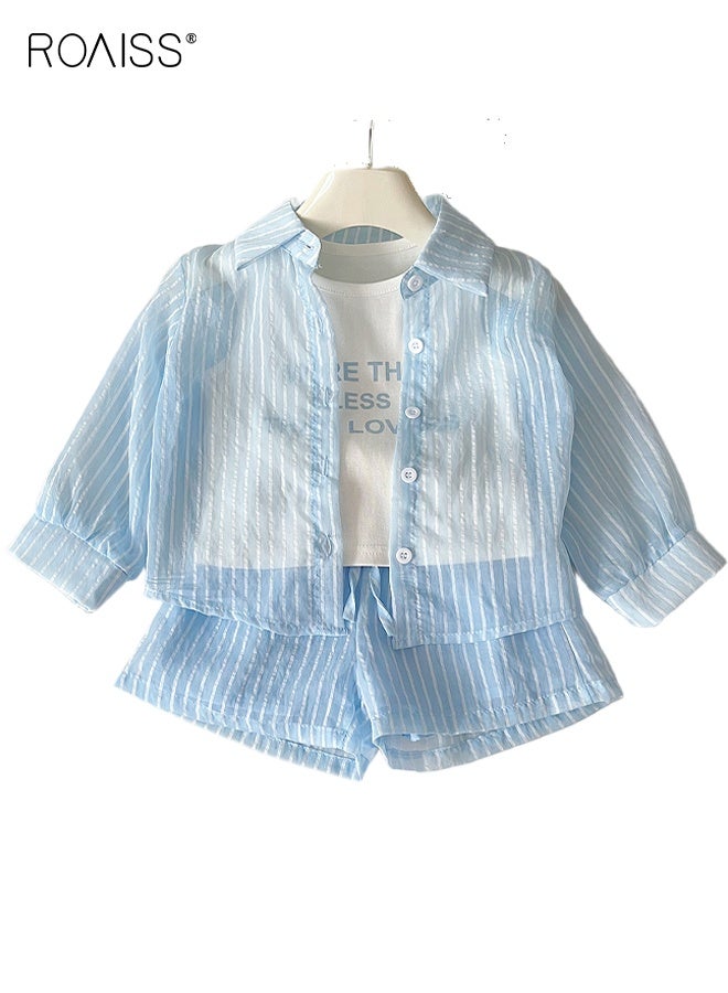 roaiss 3 Piece Comortable Clothing Set for Girls, Toddler Girls Camisole and Shorts Set with Sun-protective Coat, Stylish Summer Outfit with Sleeveless Vest, Short Pants and Striped Thin Shirt  - Image 1