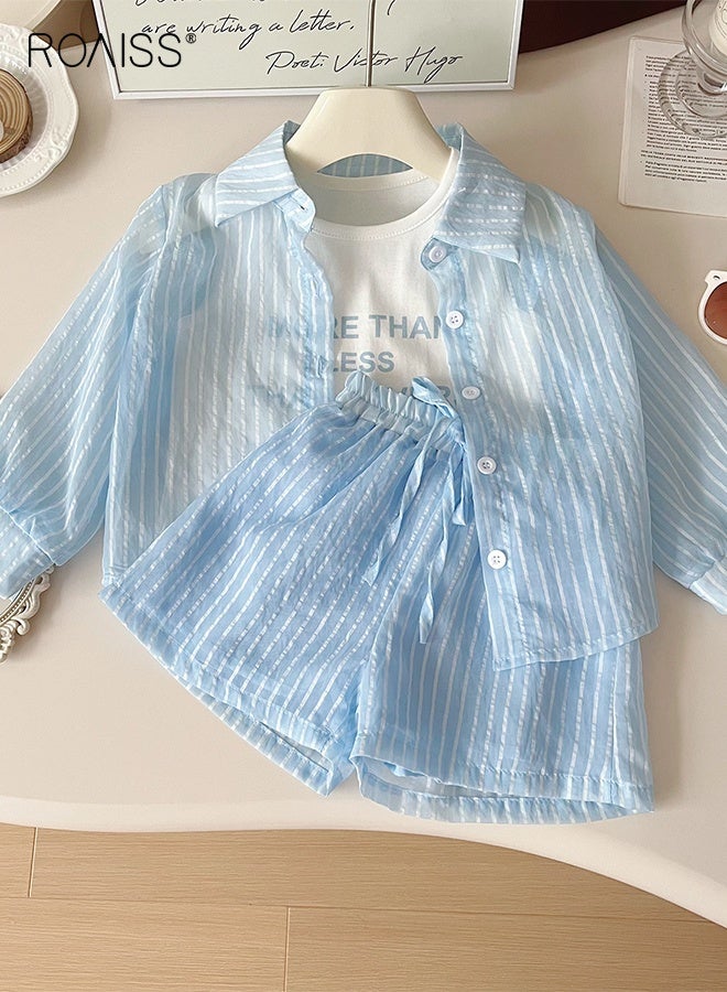 roaiss 3 Piece Comortable Clothing Set for Girls, Toddler Girls Camisole and Shorts Set with Sun-protective Coat, Stylish Summer Outfit with Sleeveless Vest, Short Pants and Striped Thin Shirt  - Image 3