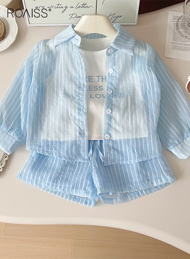 roaiss 3 Piece Comortable Clothing Set for Girls, Toddler Girls Camisole and Shorts Set with Sun-protective Coat, Stylish Summer Outfit with Sleeveless Vest, Short Pants and Striped Thin Shirt - Image 1