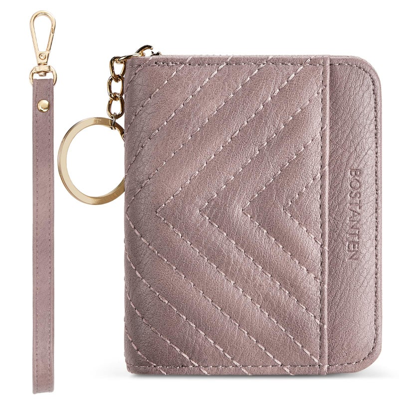 BOSTANTEN Credit Card Holder Wallet RFID Blocking Leather Small Wallet for Women Zipper Keychain Wallet with Wristlet Purple - Image 1