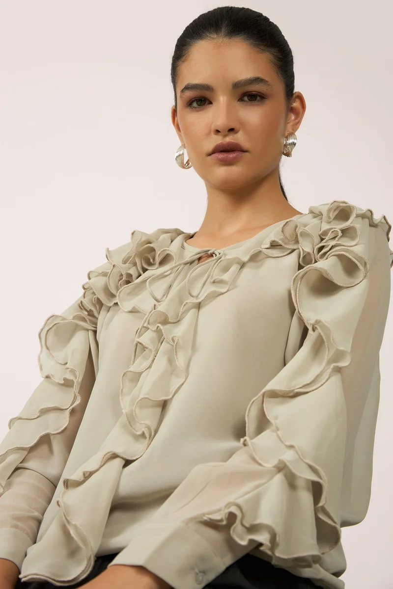 فيرجيو Solid Georgette Ivory Ruffle Blouse for Women