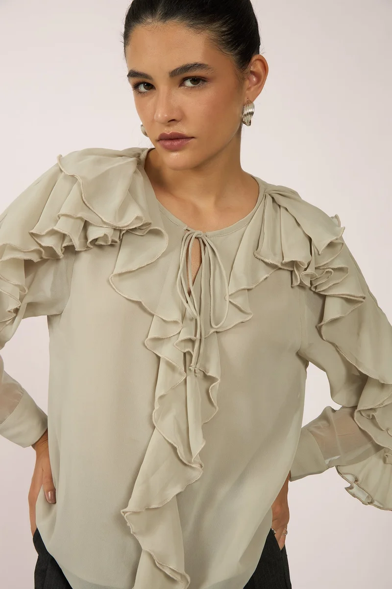 فيرجيو Solid Georgette Ivory Ruffle Blouse for Women