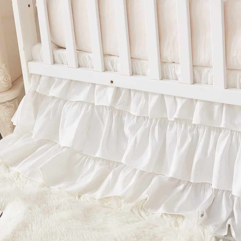 Brandream Crib Skirt Triple Layer Cotton Nursery Bed Skirt for Baby Girls Boys Toddler Bedskirt Solid White Dust Ruffle - Image 2