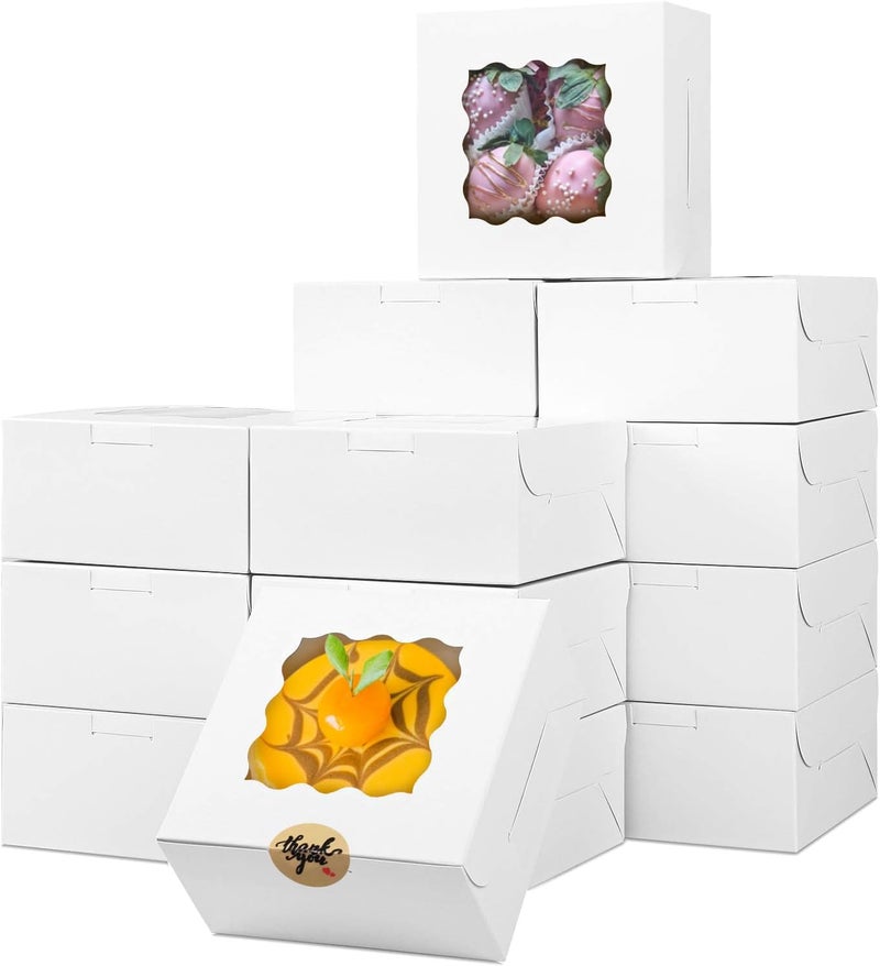 SmilerSmile 18pcs Bakery Boxes,6x6x3 Inches Small Pastry Treat Boxes with Window Gift Packaging Boxes for Cookies,Pastries,Mini Cakes,Pie Slice,Stickers Included,(White) - Image 1