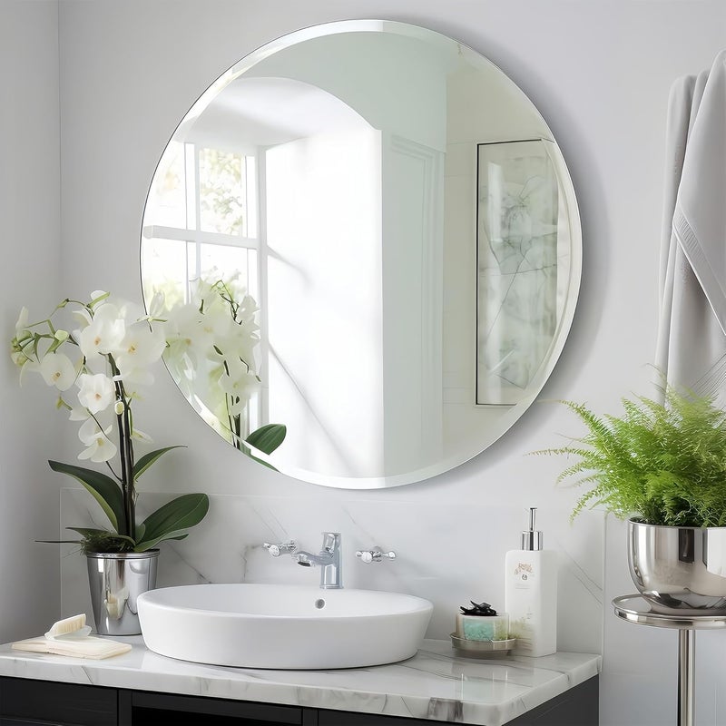 KOHROS Frameless Round Bathroom Mirror for Over Sink 24" x 24" Circle Mirror Beveled Edge Wall Mirror for Bathroom Vanity Entryway Bedroom - Image 1