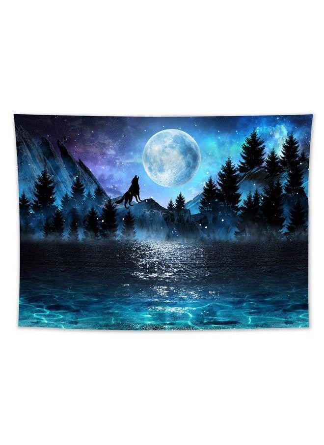 LB Large Blue Moon Over Ocean Tapestry Wall Hanging Galaxy Wolf On Mountain Wall Tapestry 3D Fantasy Watercolor Night Sky Forest Wall Art For Bedroom Living Room Dorm Home Decor 80 X 60 Inches  - Image 3