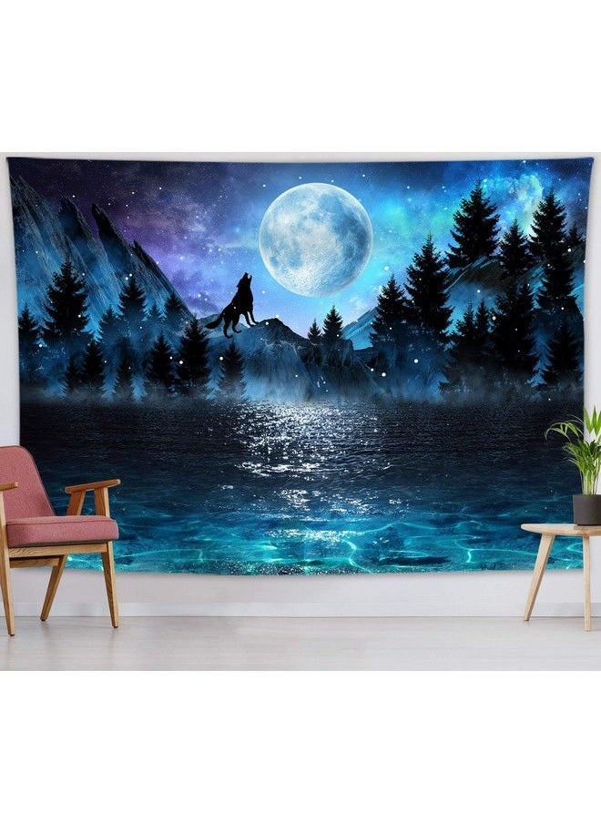 LB Large Blue Moon Over Ocean Tapestry Wall Hanging Galaxy Wolf On Mountain Wall Tapestry 3D Fantasy Watercolor Night Sky Forest Wall Art For Bedroom Living Room Dorm Home Decor 80 X 60 Inches  - Image 4