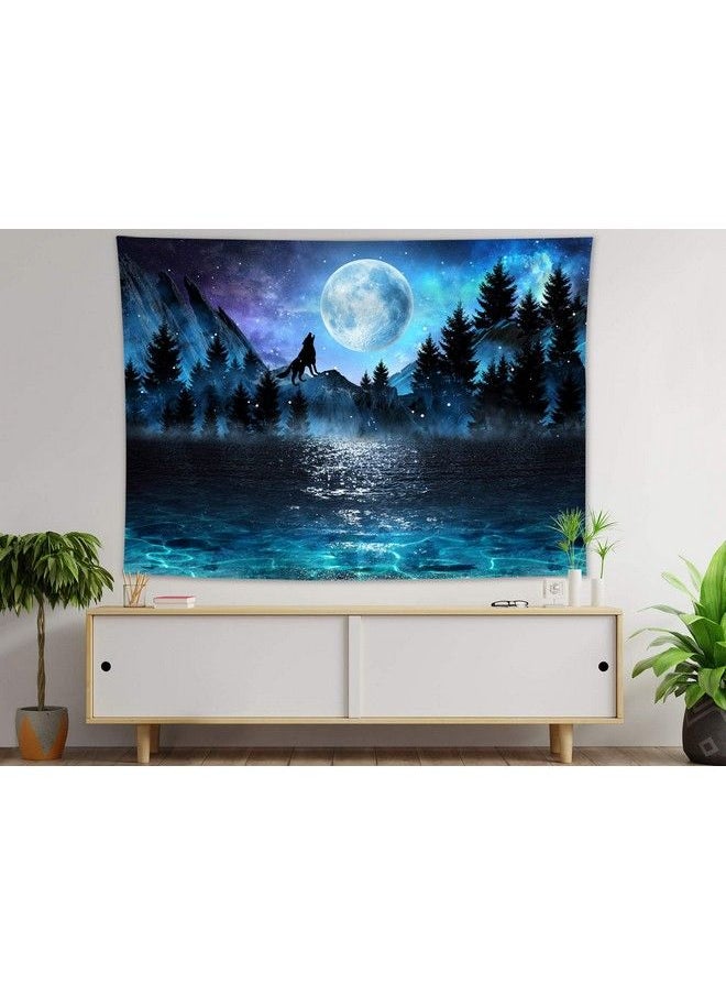 LB Large Blue Moon Over Ocean Tapestry Wall Hanging Galaxy Wolf On Mountain Wall Tapestry 3D Fantasy Watercolor Night Sky Forest Wall Art For Bedroom Living Room Dorm Home Decor 80 X 60 Inches  - Image 5