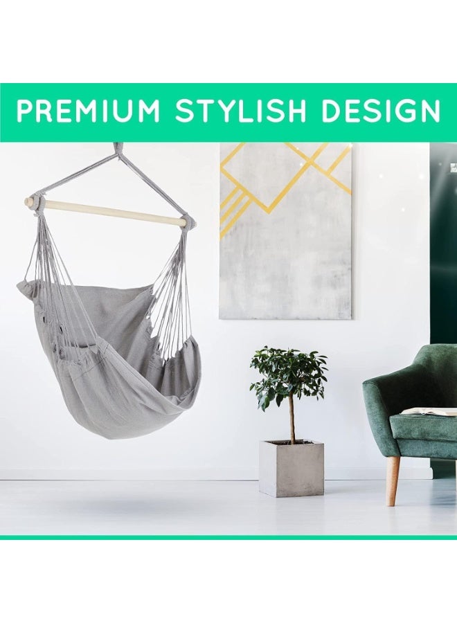 إيونتو كرسي أرجوحة معلق بحبل مع قضيب - نسيج قطني رمادي، وسادتان ناعمتان، يتضمن جميع ملحقات التعليق، أقصى وزن 265 رطلاً، للاستخدام الداخلي والخارجي - Image 4