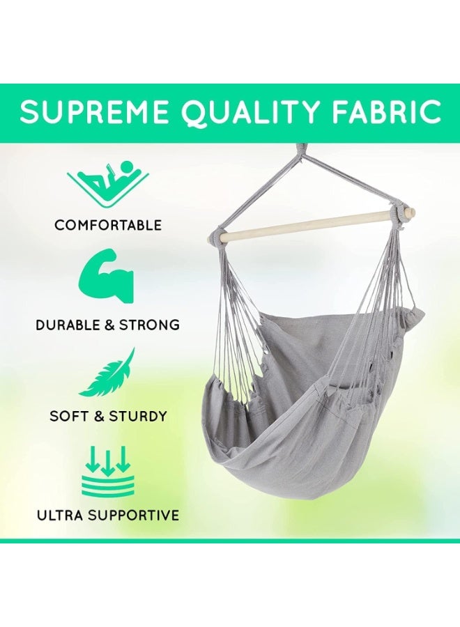 إيونتو كرسي أرجوحة معلق بحبل مع قضيب - نسيج قطني رمادي، وسادتان ناعمتان، يتضمن جميع ملحقات التعليق، أقصى وزن 265 رطلاً، للاستخدام الداخلي والخارجي - Image 5