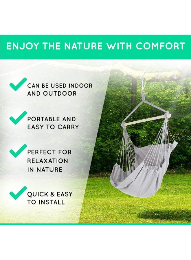 إيونتو كرسي أرجوحة معلق بحبل مع قضيب - نسيج قطني رمادي، وسادتان ناعمتان، يتضمن جميع ملحقات التعليق، أقصى وزن 265 رطلاً، للاستخدام الداخلي والخارجي - Image 3