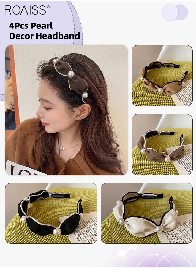 roaiss 4Pcs Pearl Headbands for Women Girls Fashion Wide Soft Pearl Embellished Fabric Hair Hoops Multicolour Hair Accessories Set  - Image 1