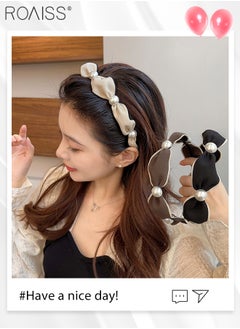 roaiss 4Pcs Pearl Headbands for Women Girls Fashion Wide Soft Pearl Embellished Fabric Hair Hoops Multicolour Hair Accessories Set  - Image 2