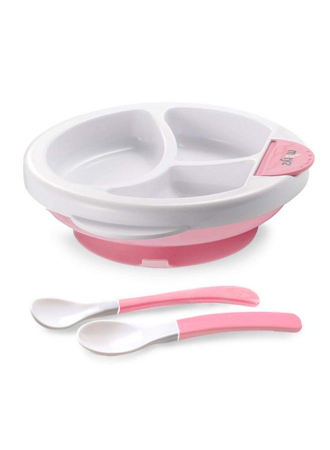 Matyz Baby Feeding Suction Warm Plate With Draining And Drying Design - Stay Put Divided Plate For Kids - Including 1 Toddler Plate And 2 Spoons - Microwave & Dishwasher Safe (Pink) - Image 1