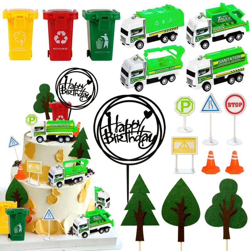 17PCS Garbage Truck Cake Topper Trash Truck Cake Decorations Trash Can Birthday Party for Waste Management Party Supplies