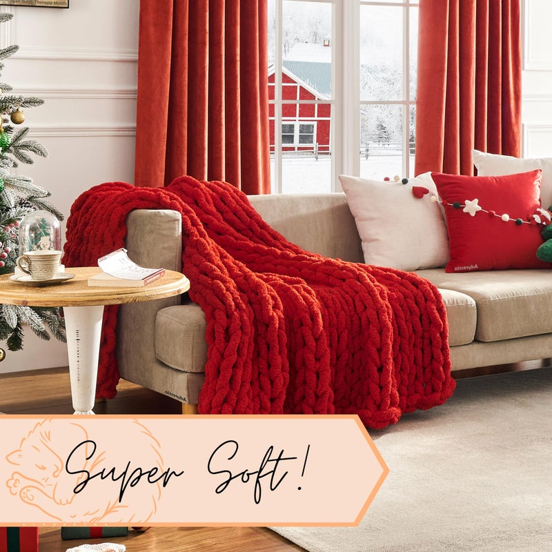 Adyrescia Chunky Knit Blanket Throw | 100% Hand Knit with Jumbo Chenille Yarn (50""x60""  Ruby Red) - Image 4