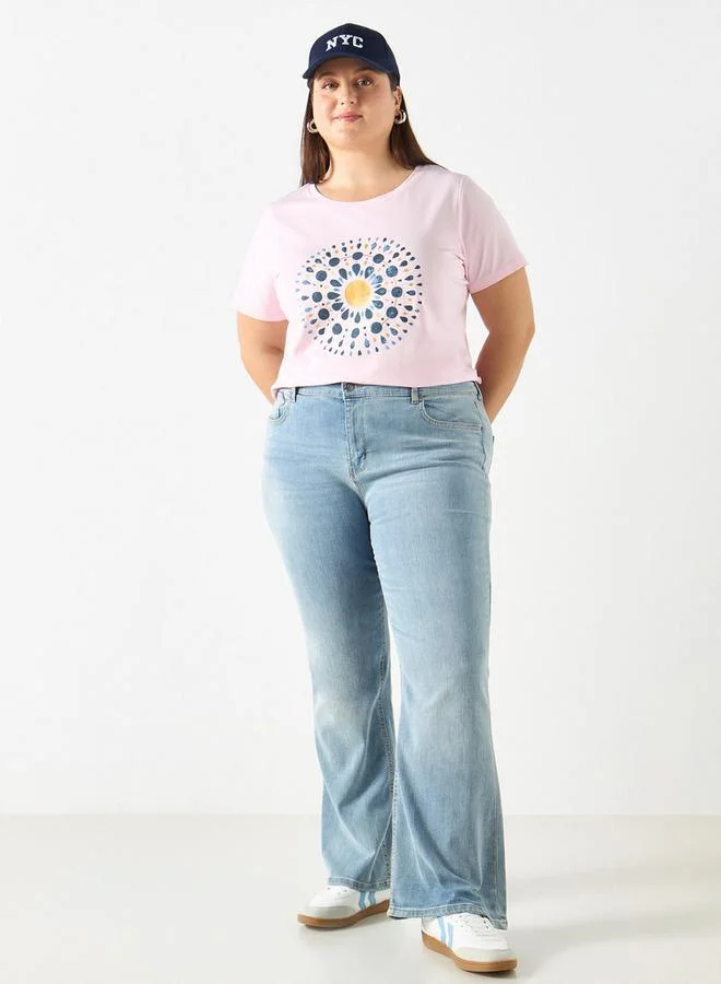Ulla Popken Plus Size Ulla Popken Printed Round Neck T-shirt with Short Sleeves