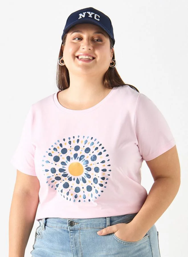 Ulla Popken Plus Size Ulla Popken Printed Round Neck T-shirt with Short Sleeves