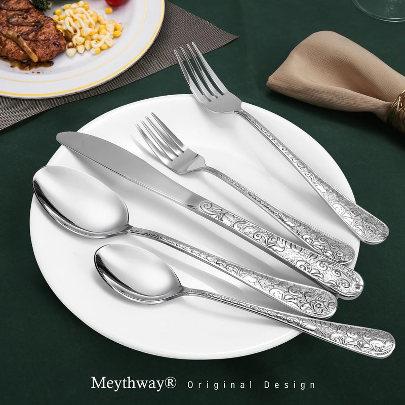 Meythway 40-Piece Vintage Carved Silverware Set for 8, Stainless Steel Flatware Set with Knife/Fork/Spoon, Cutlery Set for Home and Kitchen, Utensil Set with Dishwasher Safe - Image 2