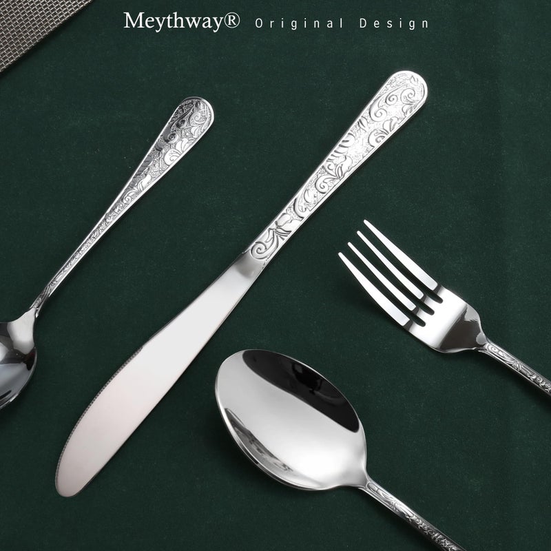 Meythway 40-Piece Vintage Carved Silverware Set for 8, Stainless Steel Flatware Set with Knife/Fork/Spoon, Cutlery Set for Home and Kitchen, Utensil Set with Dishwasher Safe - Image 5