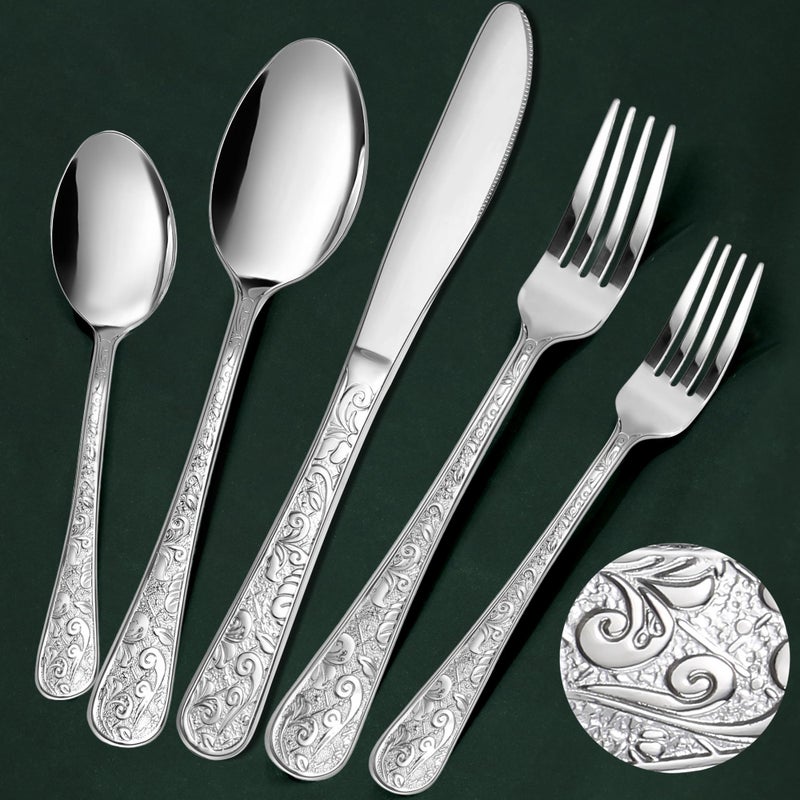 Meythway 40-Piece Vintage Carved Silverware Set for 8, Stainless Steel Flatware Set with Knife/Fork/Spoon, Cutlery Set for Home and Kitchen, Utensil Set with Dishwasher Safe - Image 1