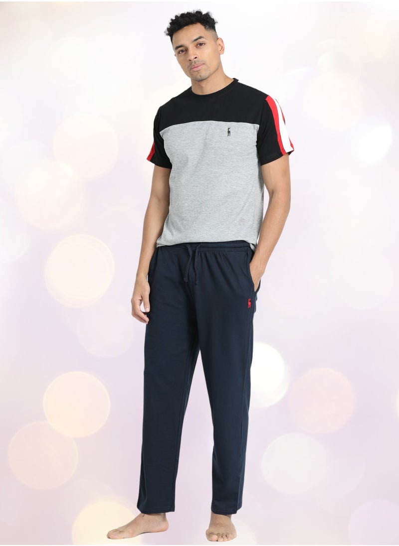 victor and jane - Men's Cotton Pyjama Sets with Round Neck T-shirt in Grey and Black long pants - Image 1