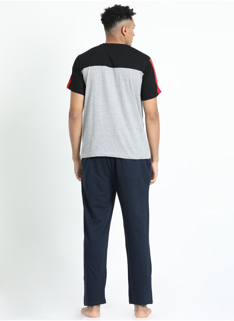 victor and jane - Men's Cotton Pyjama Sets with Round Neck T-shirt in Grey and Black long pants - Image 1