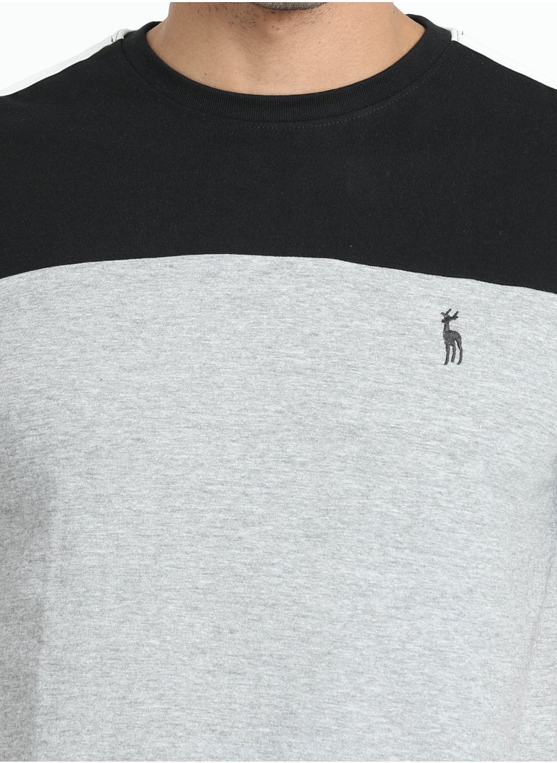 victor and jane - Men's Cotton Pyjama Sets with Round Neck T-shirt in Grey and Black long pants - Image 1