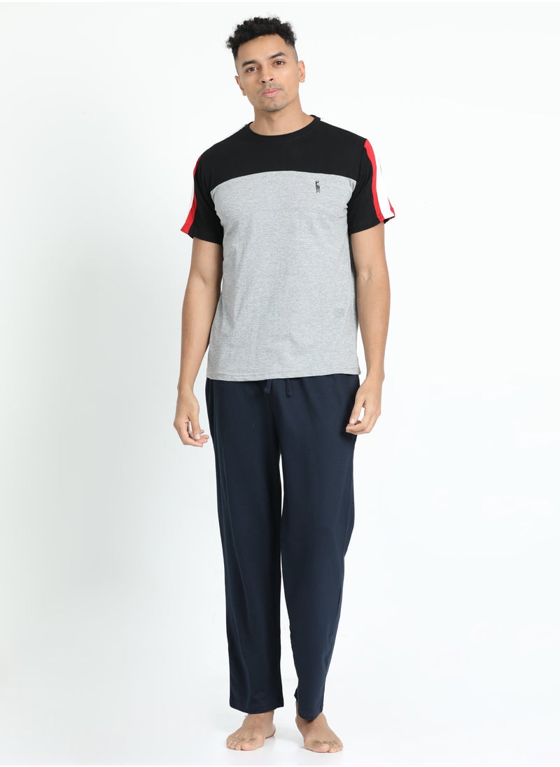 victor and jane - Men's Cotton Pyjama Sets with Round Neck T-shirt in Grey and Black long pants - Image 1
