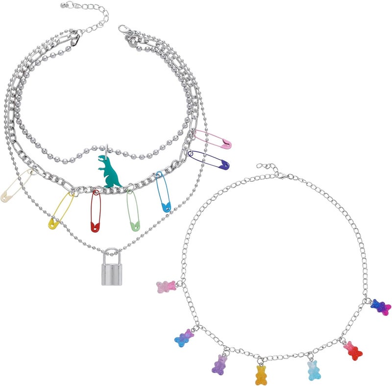 klarako Layered Chain Necklace Y2k Statement Pendant Necklace Colorful Beaded Lock Butterfly Choker Punk Necklace Jewelry for Teen Girls Woman 2000s Aesthetic Necklaces - Image 1