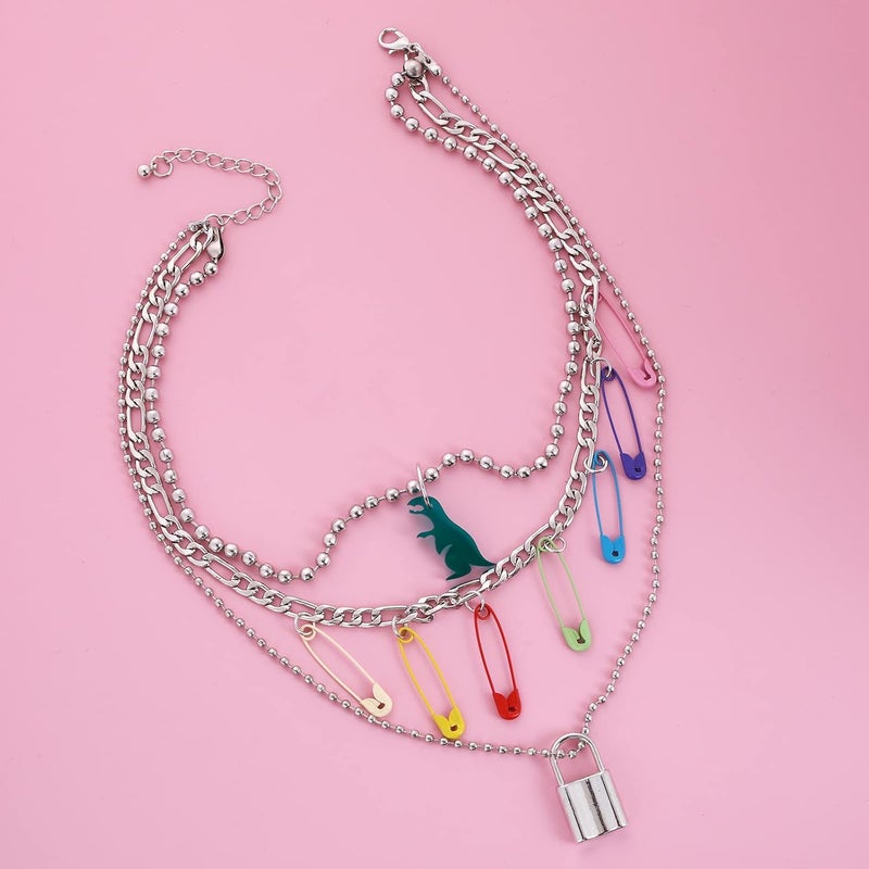 klarako Layered Chain Necklace Y2k Statement Pendant Necklace Colorful Beaded Lock Butterfly Choker Punk Necklace Jewelry for Teen Girls Woman 2000s Aesthetic Necklaces - Image 4
