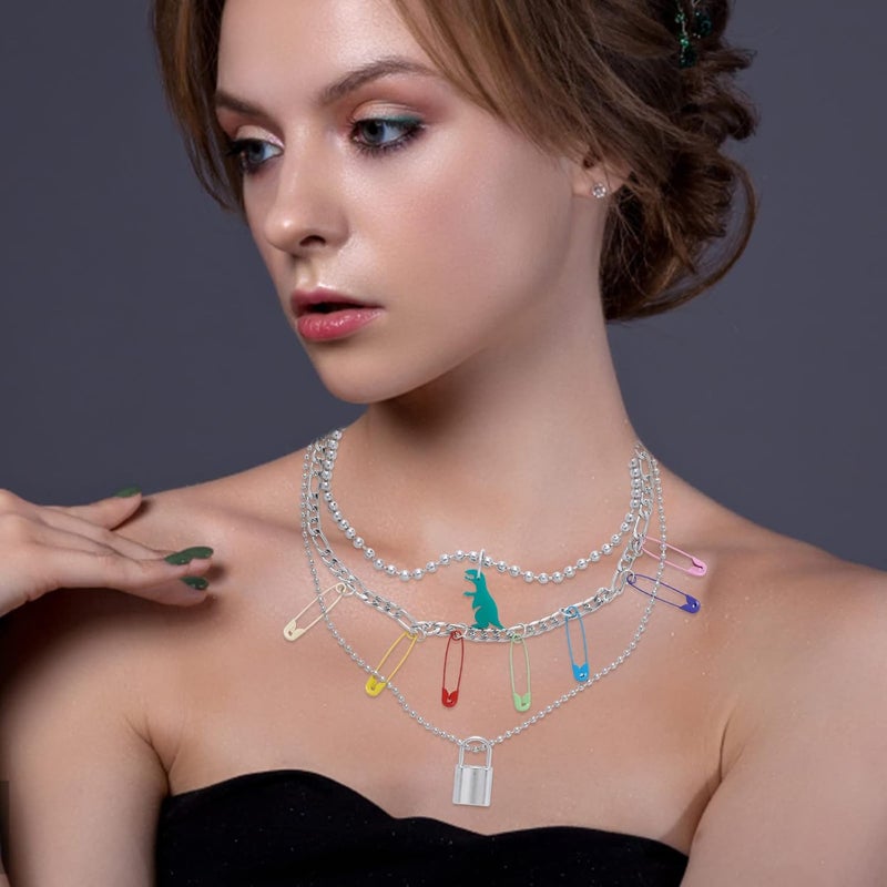 klarako Layered Chain Necklace Y2k Statement Pendant Necklace Colorful Beaded Lock Butterfly Choker Punk Necklace Jewelry for Teen Girls Woman 2000s Aesthetic Necklaces - Image 3