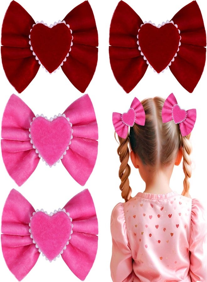 CN 4 PCS Valentines Hair Bows for Girls, Pink Red Velvet Toddlers Bows Alligator Hair Clips with Pearl Heart, Cute Valentine Hair Accessories for Kids Teens Girls - Image 1