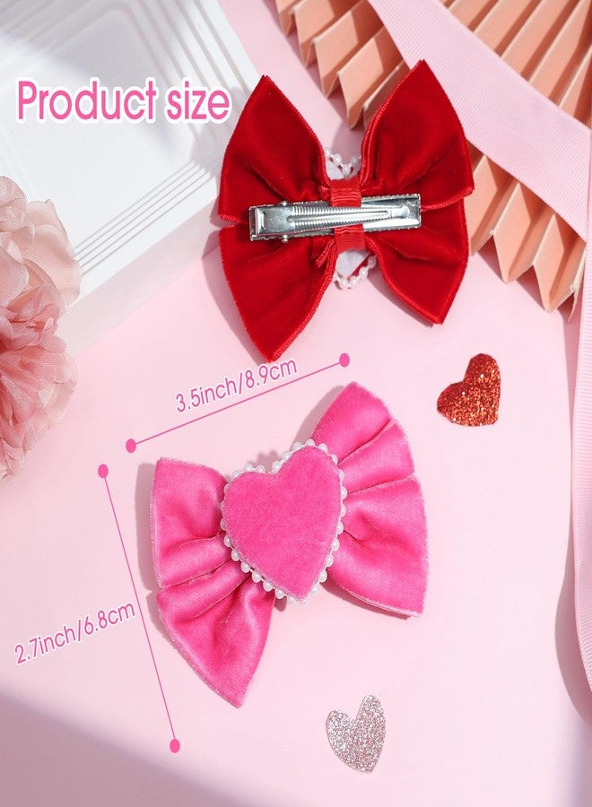 CN 4 PCS Valentines Hair Bows for Girls, Pink Red Velvet Toddlers Bows Alligator Hair Clips with Pearl Heart, Cute Valentine Hair Accessories for Kids Teens Girls - Image 3