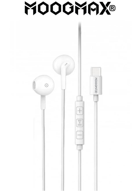 1.2m Type-C earphones wired. Type-C headset wired with a clear, built-in mic. Compatible with iPhone 16 and 15, Samsung, Huawei, and other phones that support a Type-C port. Type-C wired earphones feature control buttons for easy navigation. Type-C wired headphones from MoogMax.